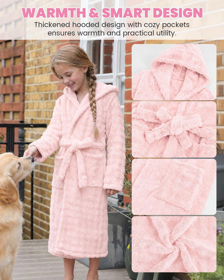 JiAmy Kinder Fleece Bademantel mit Kapuze | Weich Saugfähig kinderbademantel mit Taschen und Bindegü