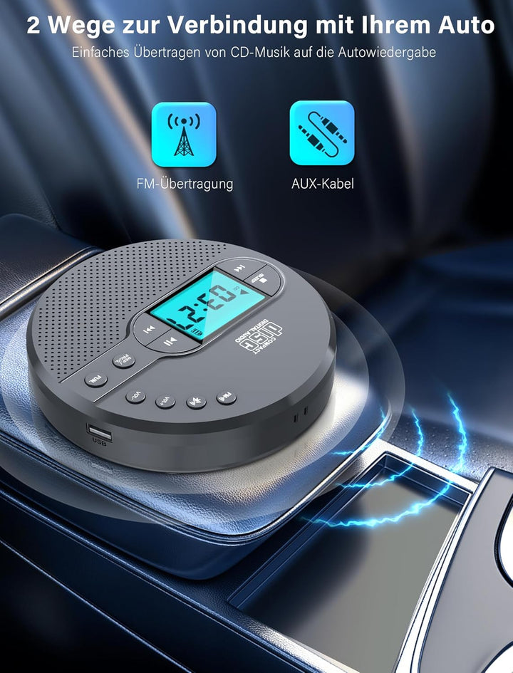 Walkman CD-Player mit Bluetooth - 2000mAh Wiederaufladbarer Discman CD-Player mit FM-Transmitter, Ko