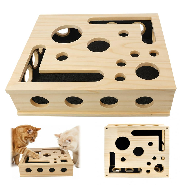 Kratzbretter Katze Katzenkratzpuzzle Anreicherungsbox, Massivholz Katzen Kratzbrett mit Lustigen Löc