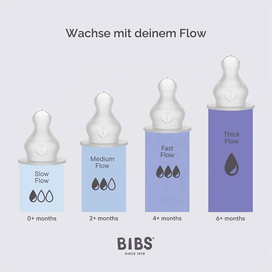 BIBS Babyflasche 150 ml, 4er-Pack Sauger aus Silikon- Babyflaschenset, Anti-Kolik, BPA-frei, Langsam