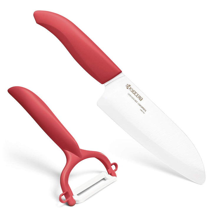 Kyocera GEN RED Cut & Peel Set Keramik Santoku Messer mit Schäler | Klinge 14 cm | ergonomischer Gri