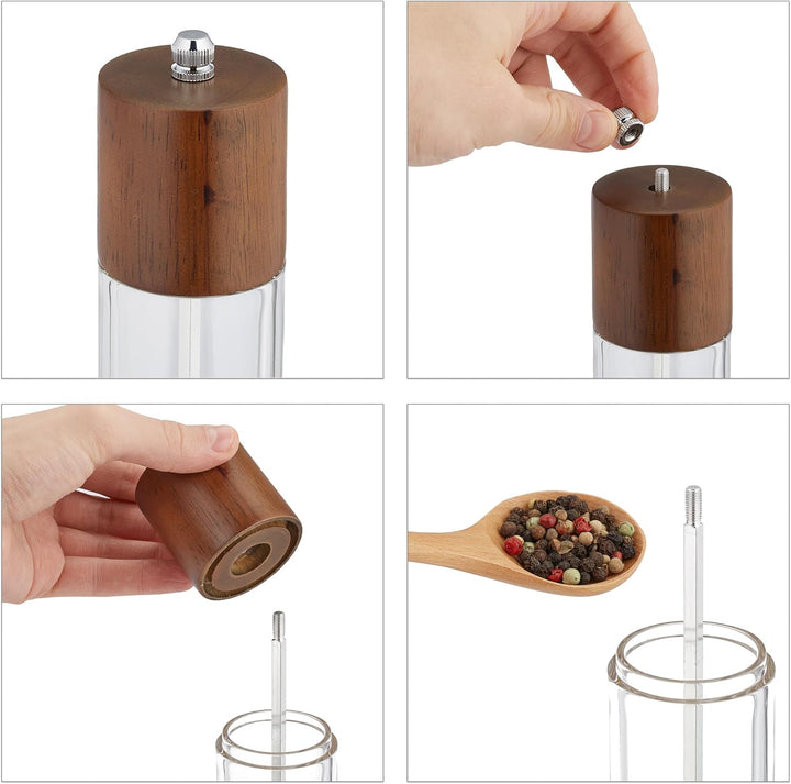 Relaxdays Salz-und Pfeffermühle 2er Set, Untersetzer, Keramikmahlwerk, Holz & Acryl, manuelle Mühlen