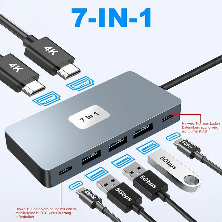 USB C Hub 2 HDMI 4K PD100W 4 USB A/C 3.0/2.0, 7 IN 1 Docking Station USB C Adapter Dockingstation La