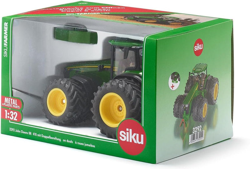 siku 3292, John Deere 8R 410 mit Doppelbereifung, Spielzeug-Traktor, 1:32, Metall/Kunststoff, Grün,