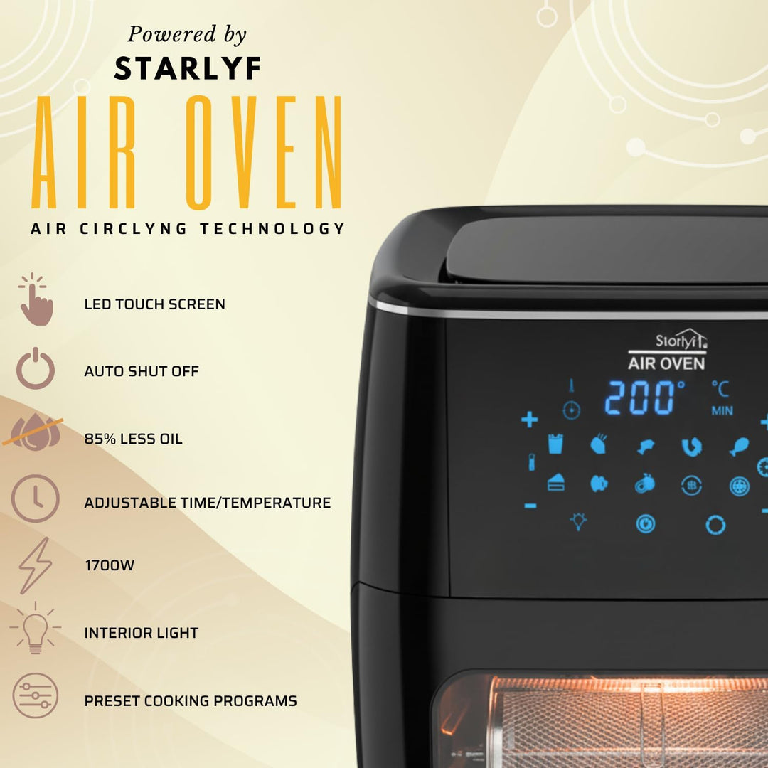 Starlyf Heissluftfritteuse Air Oven XL, 1700 W, 12 Liter Fritteuse mit 10 Programmen, Rotisserie-Fun