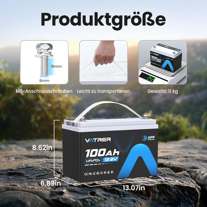 12V 100AH Bluetooth LiFePO4 Lithium Batterie mit 100A BMS 5000 Zyklen Lithium Akku 1280W Abschaltsch