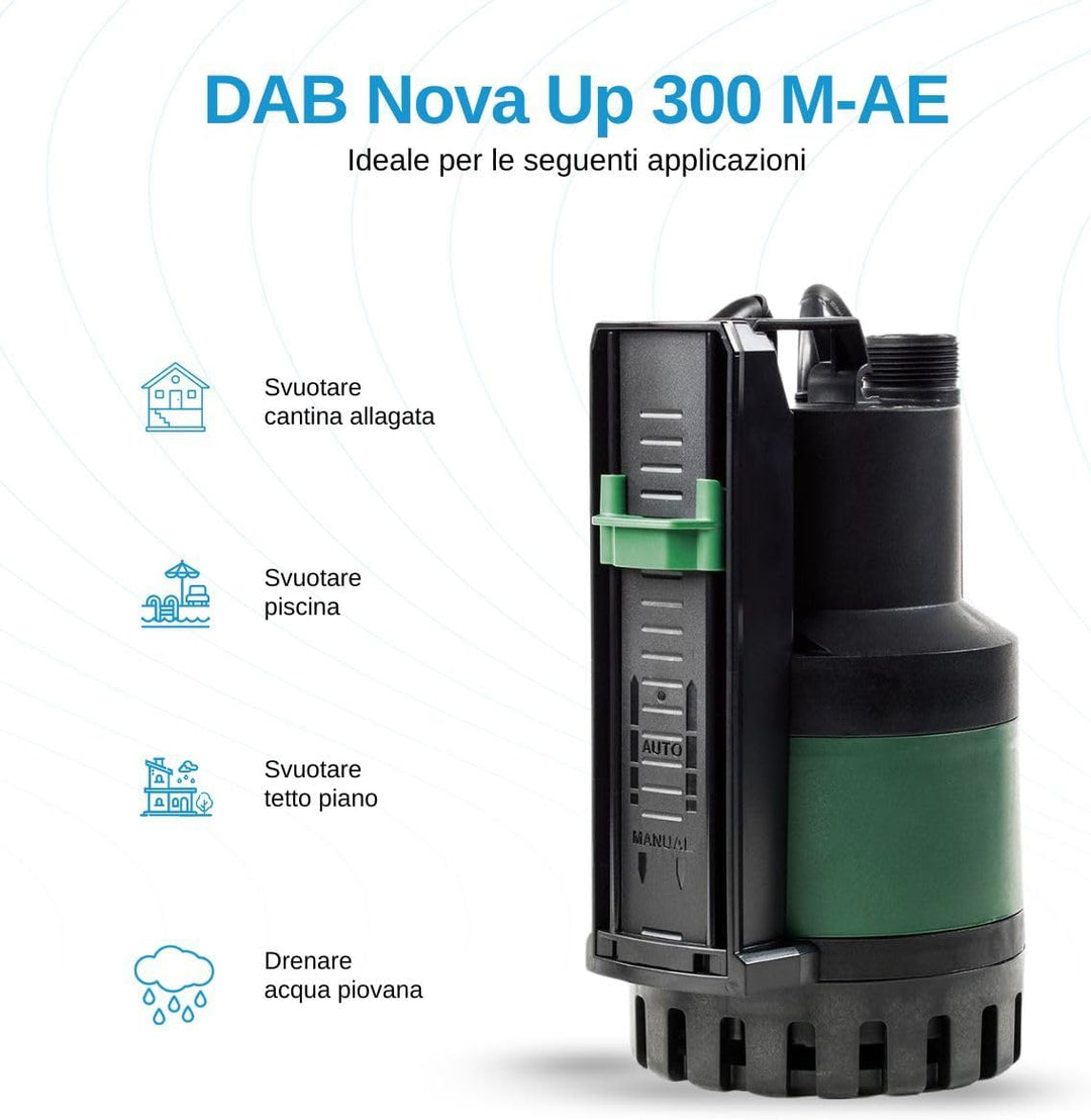 DAB Nova Up 300 M-AE mit Ablaufschlauch 7 Meter - Flachsauger-Tauchpumpe - 10.000 L/Std. - 380W - Fö