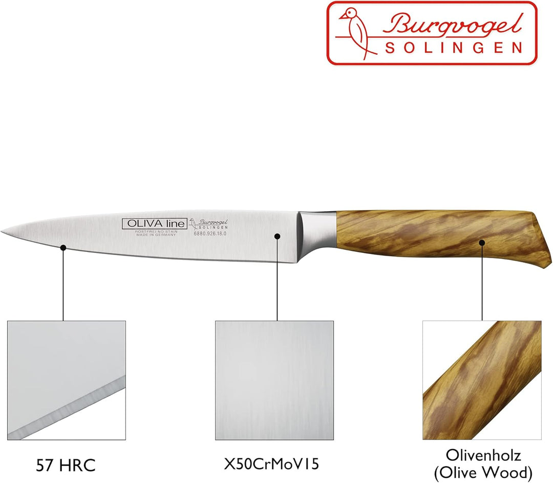 Burgvogel Solingen Tranchiermesser 18 cm geschmiedet Olivenholz, spitze Klinge, Oliva Line, rostfrei