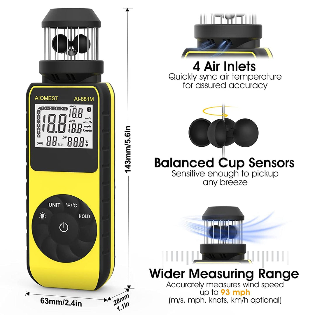 AIOMEST Windmesser Windmessgerät, 881M Digital Anemometer Handheld 4 Cups, ±4% Hoher Genauigkeit Win