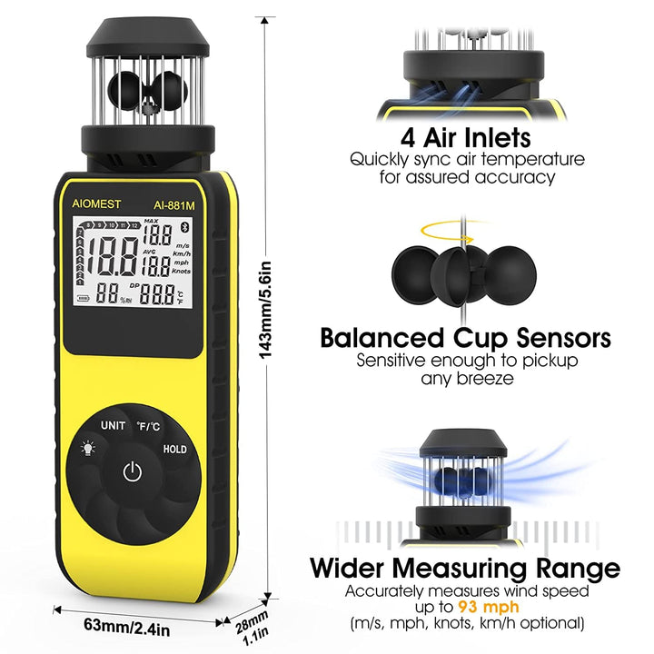 AIOMEST Windmesser Windmessgerät, 881M Digital Anemometer Handheld 4 Cups, ±4% Hoher Genauigkeit Win