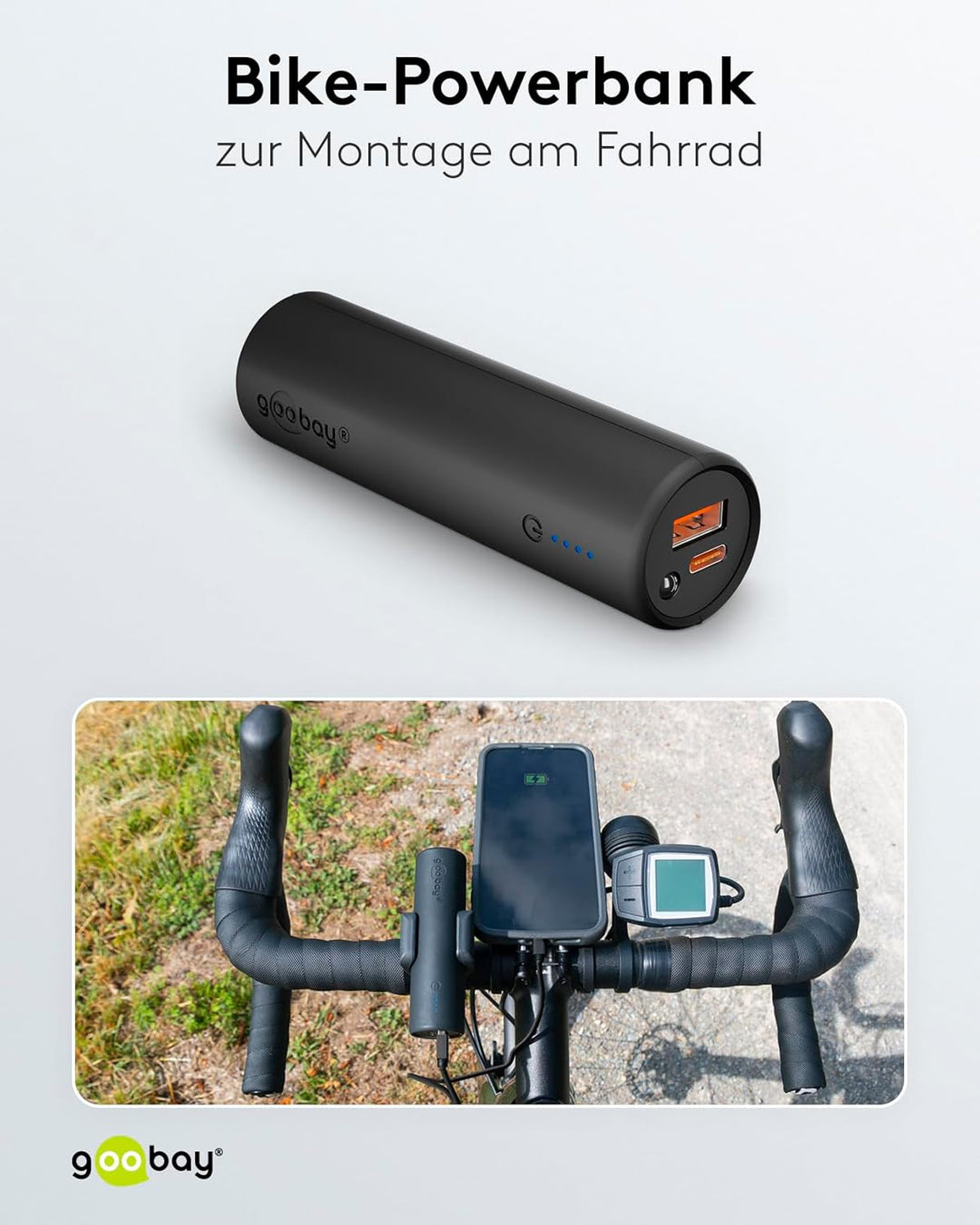 Goobay 60656 Bike Powerbank 5.0 5000 mAh inkl. verstärkter Halterung für Fahrradlenker/Powerbank für
