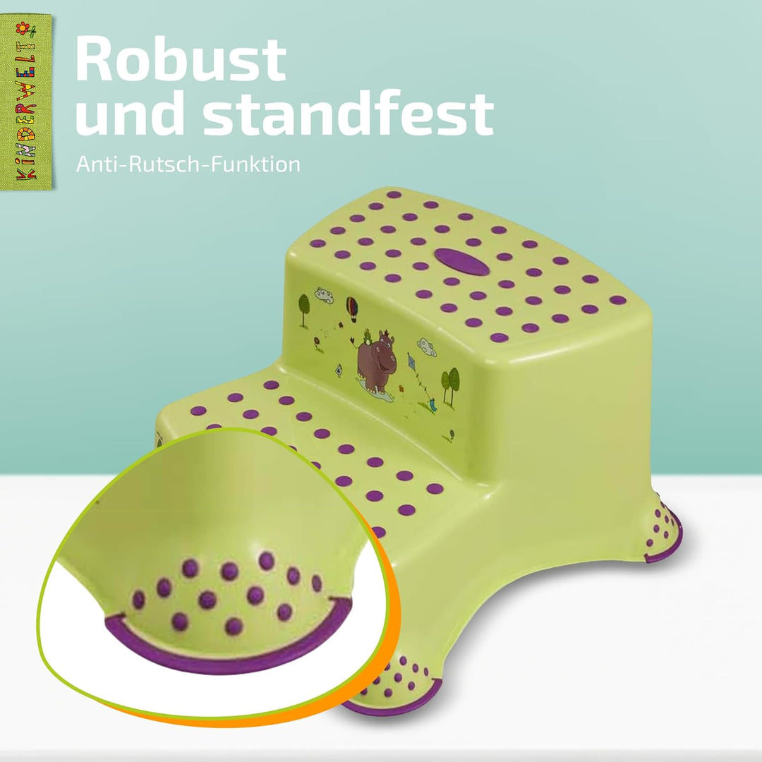 KiNDERWELT Premium zweistufiger Tritthocker für Kinder und Babys, Hippo Design in Grün, Tritthocker