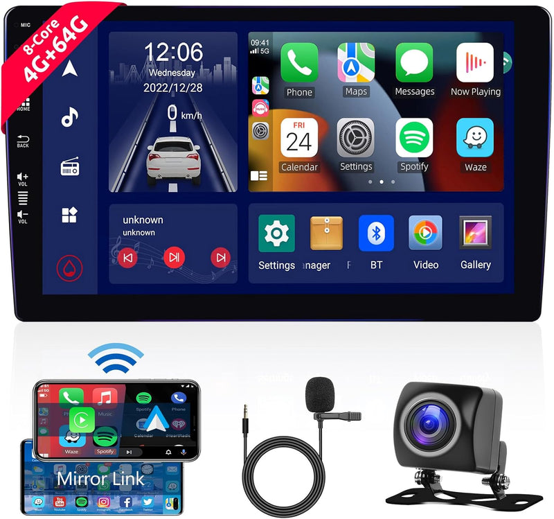 Autoradio 4GB 64GB 8-Kern Android mit Carplay Wireless Android Auto, Mirror Link, Hodozzy 9 Zoll IPS