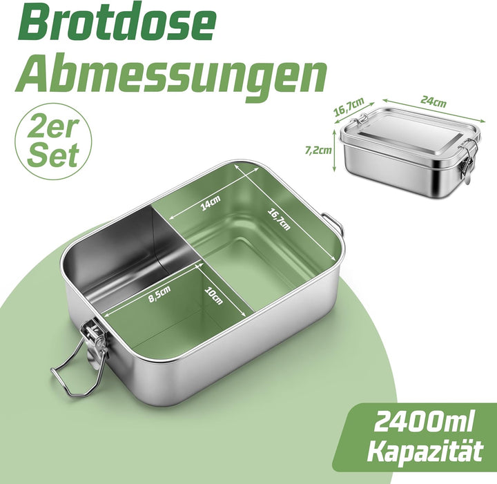 Homikit Brotdose mit Fächern 2er Set, 2400ml Edelstahl Lunchbox Bento Box Erwachsene, Auslaufsicher
