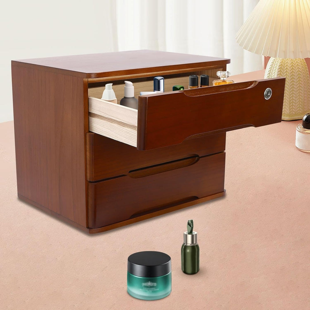 Aufbewahrungsbox mit 3 Ebenen, mit abschliessbarer Schublade, Schreibtisch-Organizer aus Holz, L 39