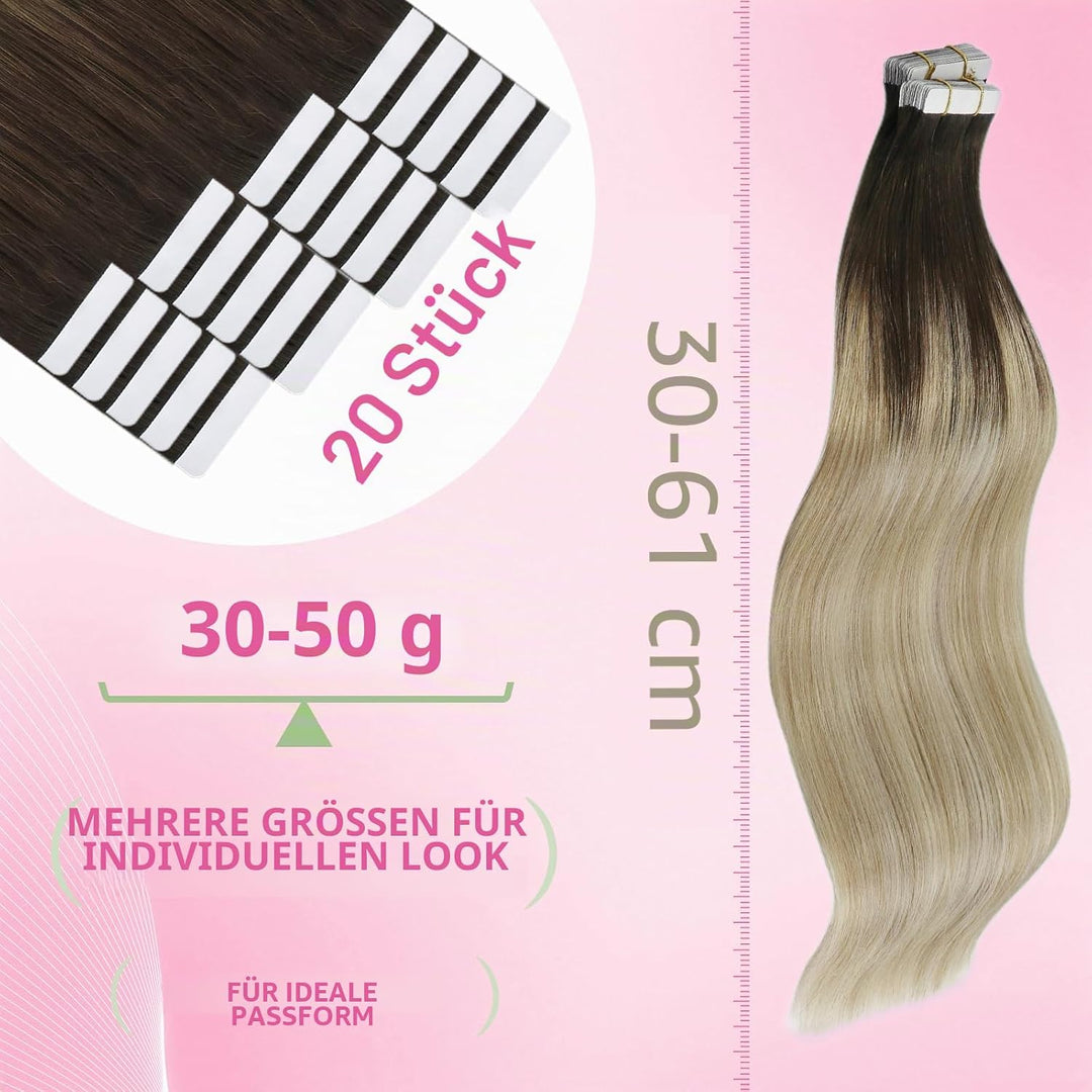 YoungSee Tape Extensions Echthaar Balayage 40 cm Extensions Echthaar Tape Dunkelbraun Ombre Braun Bl