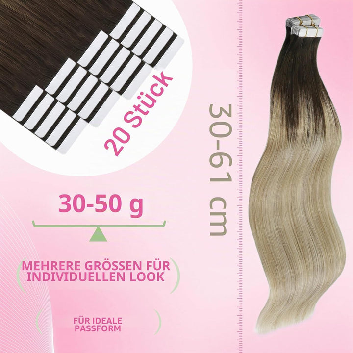 YoungSee Tape Extensions Echthaar Balayage 40 cm Extensions Echthaar Tape Dunkelbraun Ombre Braun Bl