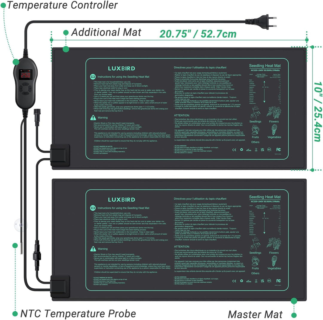 Luxbird Heizmatte Pflanzen mit Thermostat und Timer 30W, 4 Heizmatten mit 1 Controller, 52 x25 cm, I