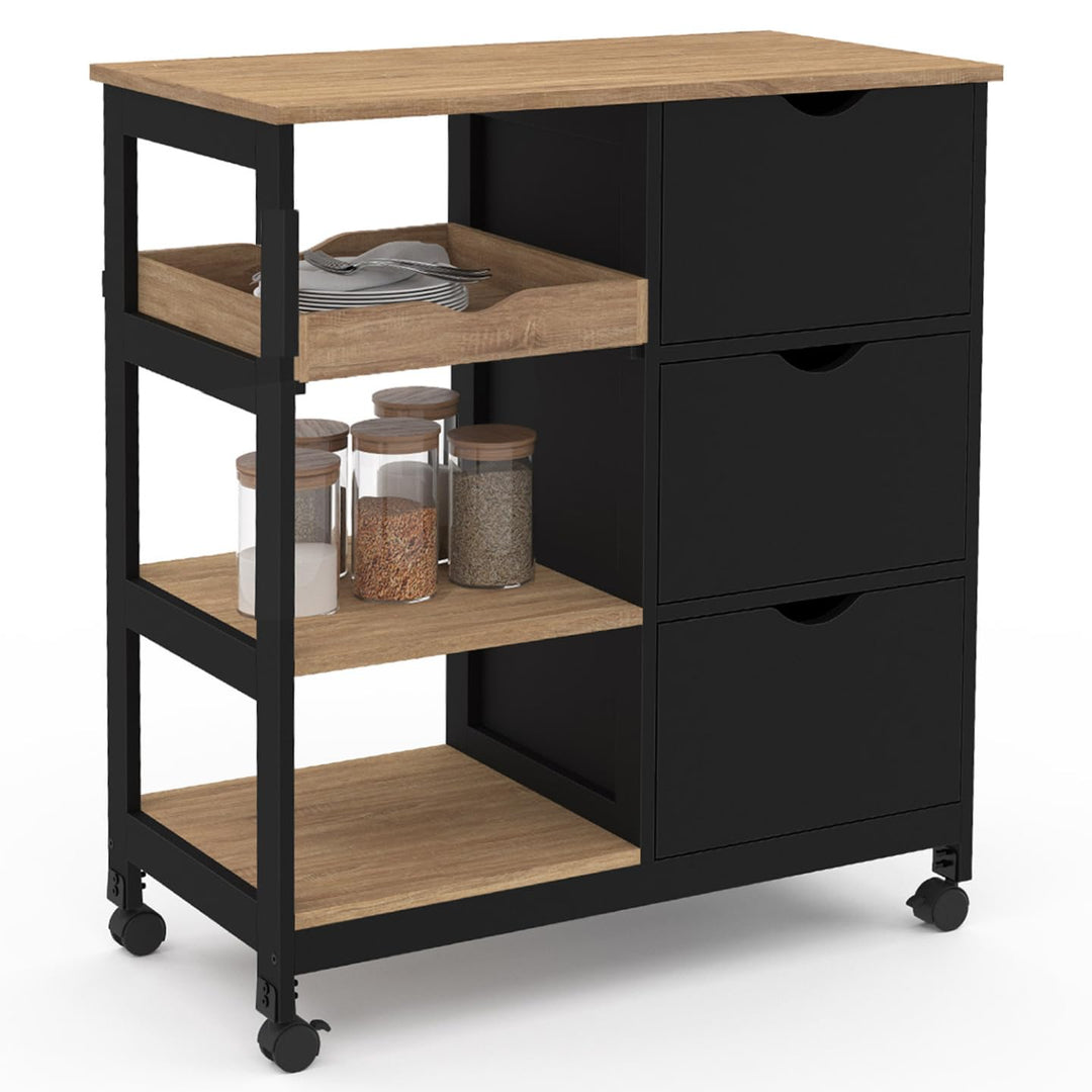 IDMarket - Küchenwagen MUNA 3 Körbe + 1 abnehmbares Tablett schwarz und Bucheffekt B.76 cm