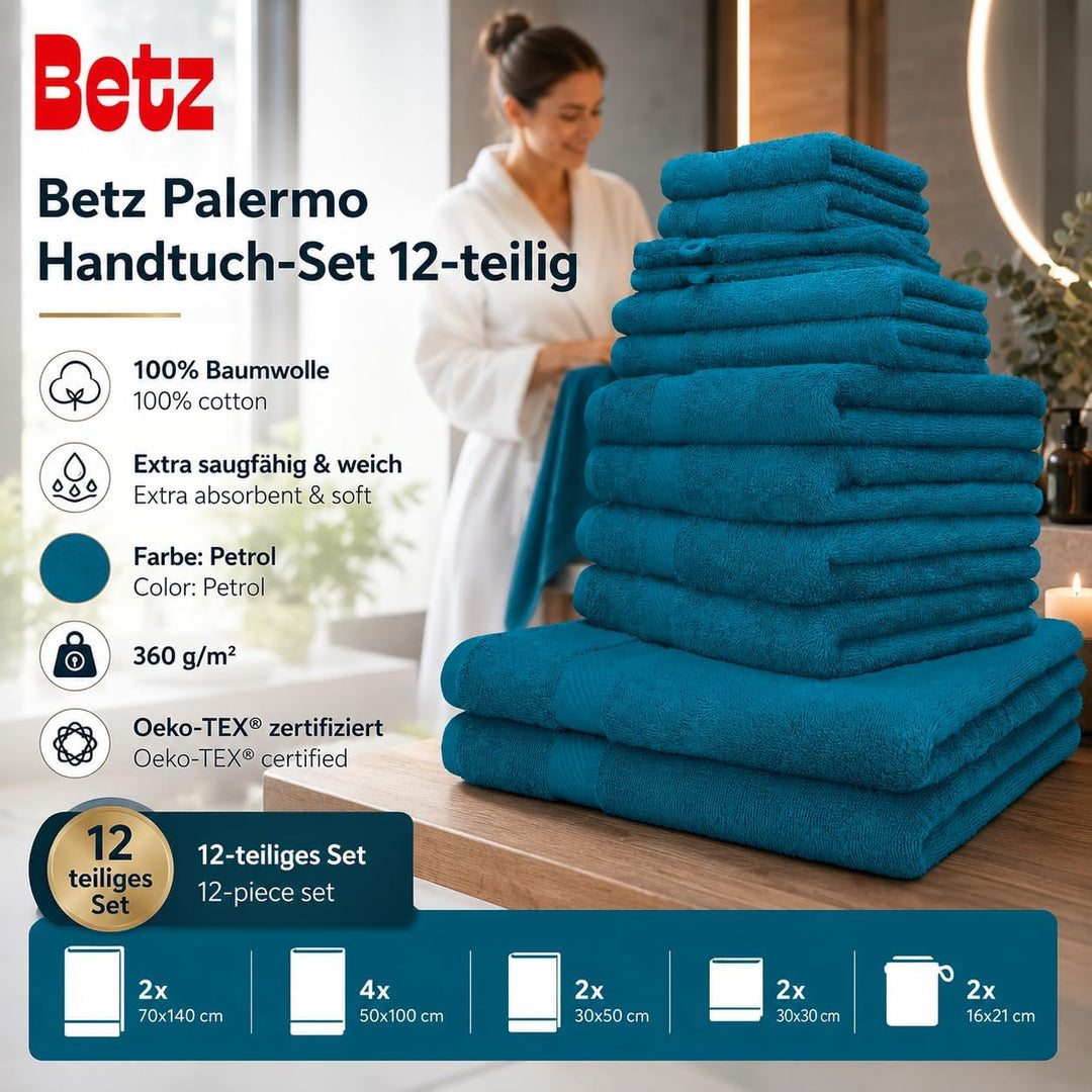 Betz 12-TLG. Handtuch-Set Palermo 100% Baumwolle 2 Liegetücher 4 Handtücher 2 Gästetücher 2 Seiftüch