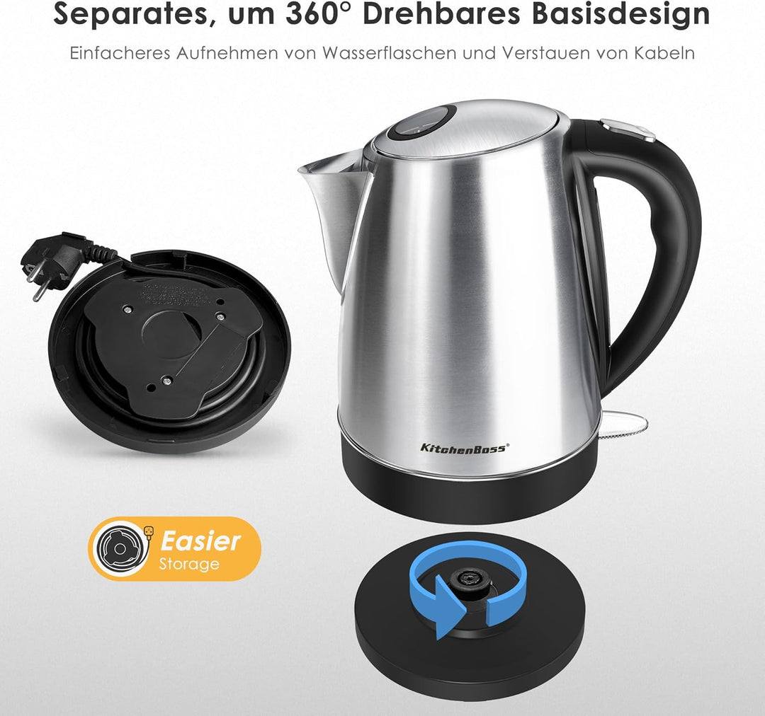 KitchenBoss Elektrischer Wasserkocher Edelstahl： 1,7L, 2100W Schnellkoch-Elektrischer Wasserkocher m
