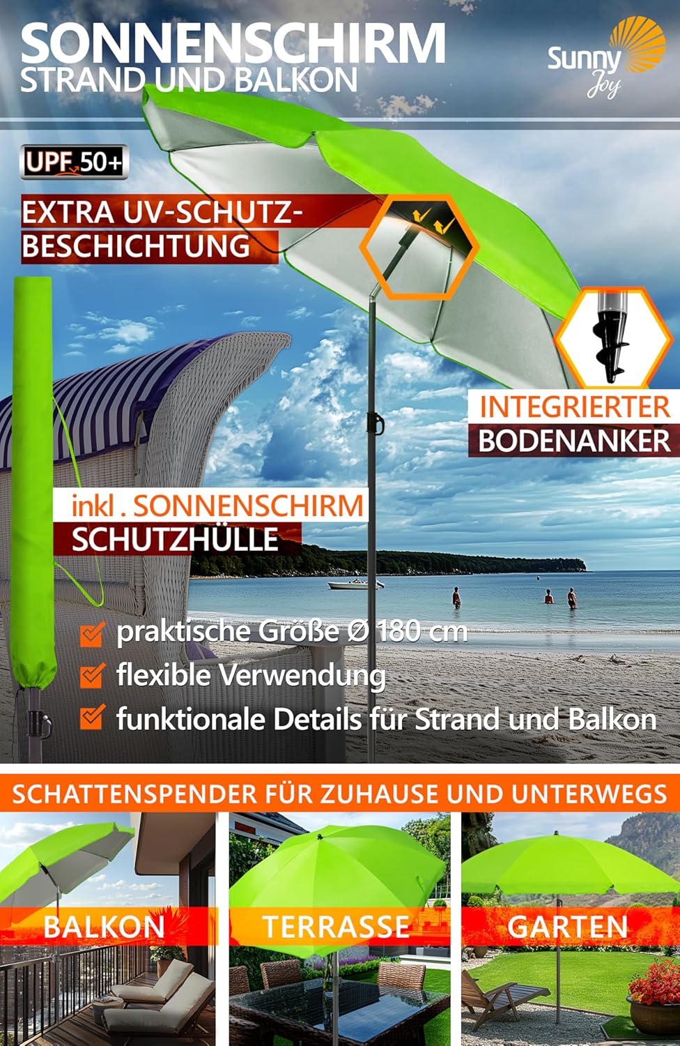 4smile Sonnenschirm Strand SunnyJoy Ø 180 cm, inkl. Hülle - UPF 50+ Strandschirm, Sonnenschirm Balko