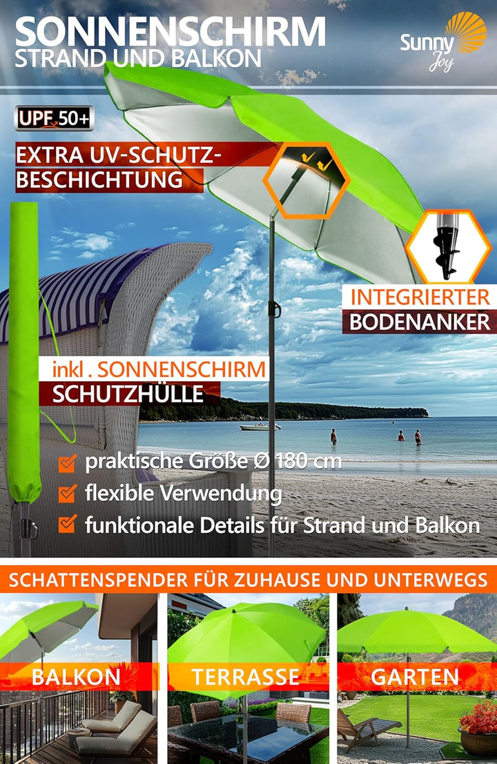 4smile Sonnenschirm Strand SunnyJoy Ø 180 cm, inkl. Hülle - UPF 50+ Strandschirm, Sonnenschirm Balko