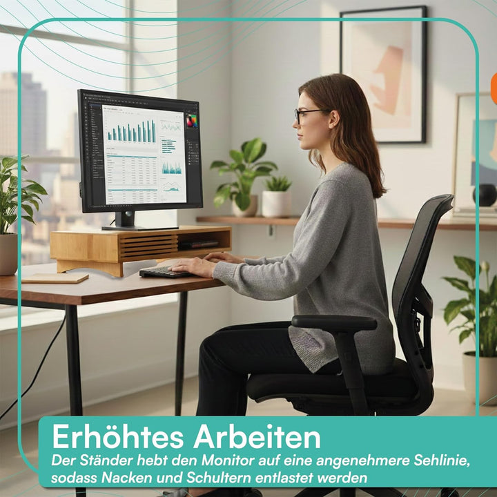 pixly® Monitorständer mit Schiebefach 42x24x10,5 cm ergonomische Monitorerhöhung Holz mit Stauraum S