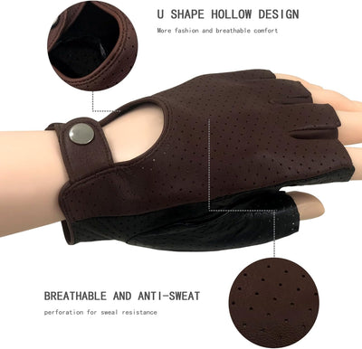 ZLUXURQ Herren-Lederhandschuhe Vollmaschige Fingerlose Halbfinger-Fahrhandschuhe Small-8.5" Schwarz