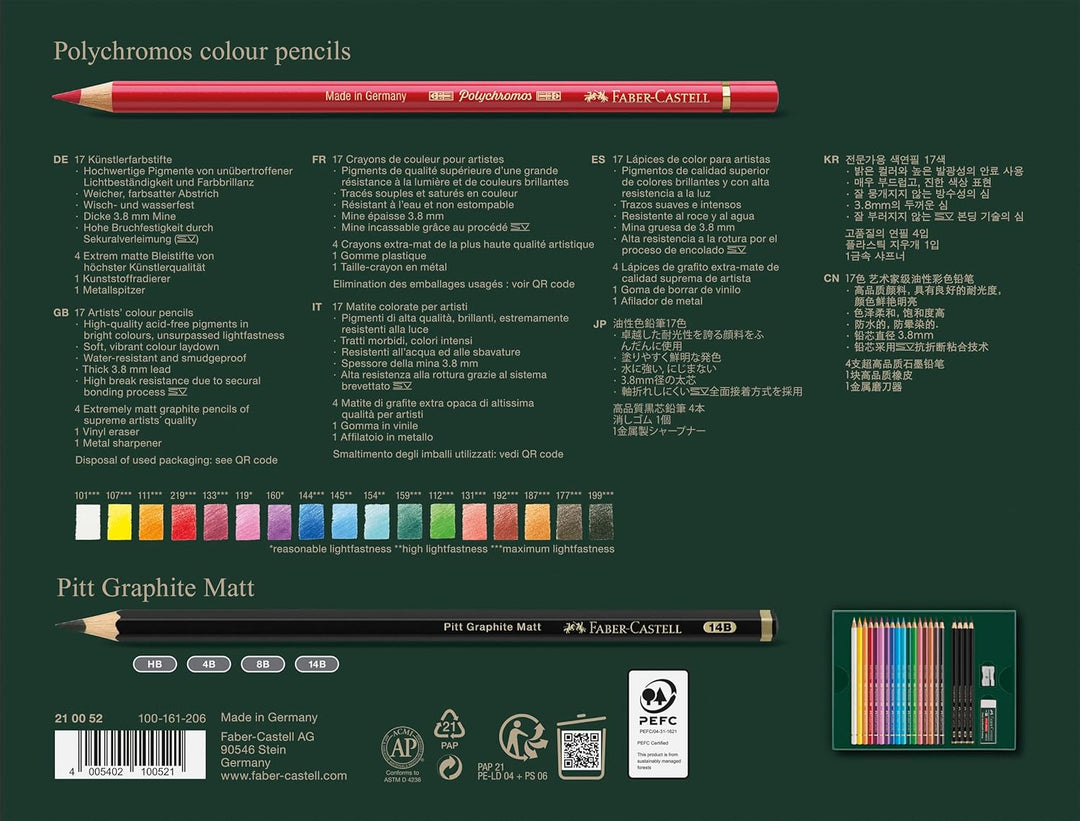 FABER-CASTELL 210052 - Zeichenset 23-teilig mit Polychromos Buntstifte und Bleistifte Pitt Graphite