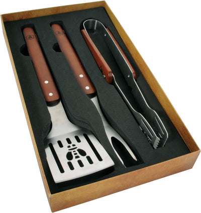 LAGUIOLE - Grillset 3 praktische Utensilien - Spatel - Gabel - Klemme - Edelstahl, Holz - Geschenkbo