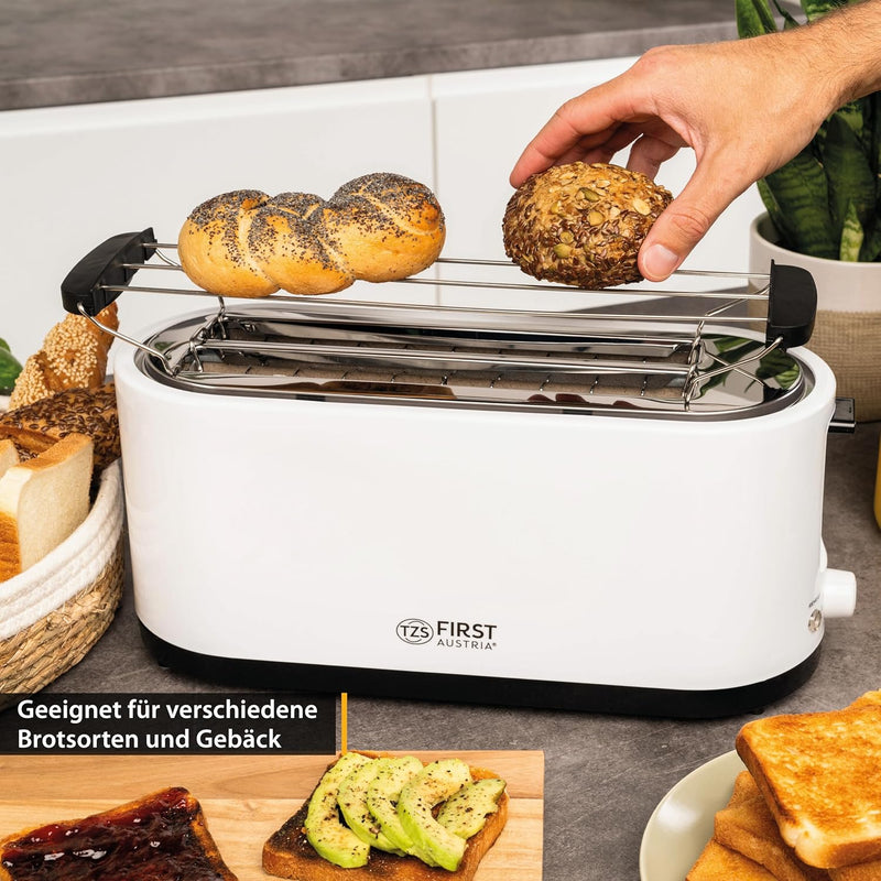 TZS First Austria - Toaster 4 Scheiben Langschlitz 1400W mit Krümelschublade | Brötchenaufsatz | wär