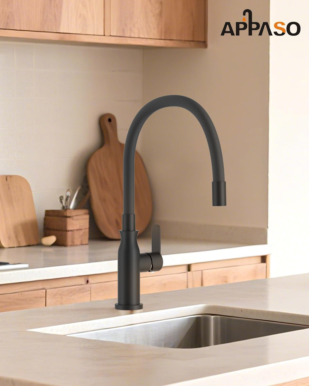 APPASO Flexibler Wasserhahn Küche Schwarz, Spültischarmatur 360° Schwenkbar, Küchenarmatur Schwarz M