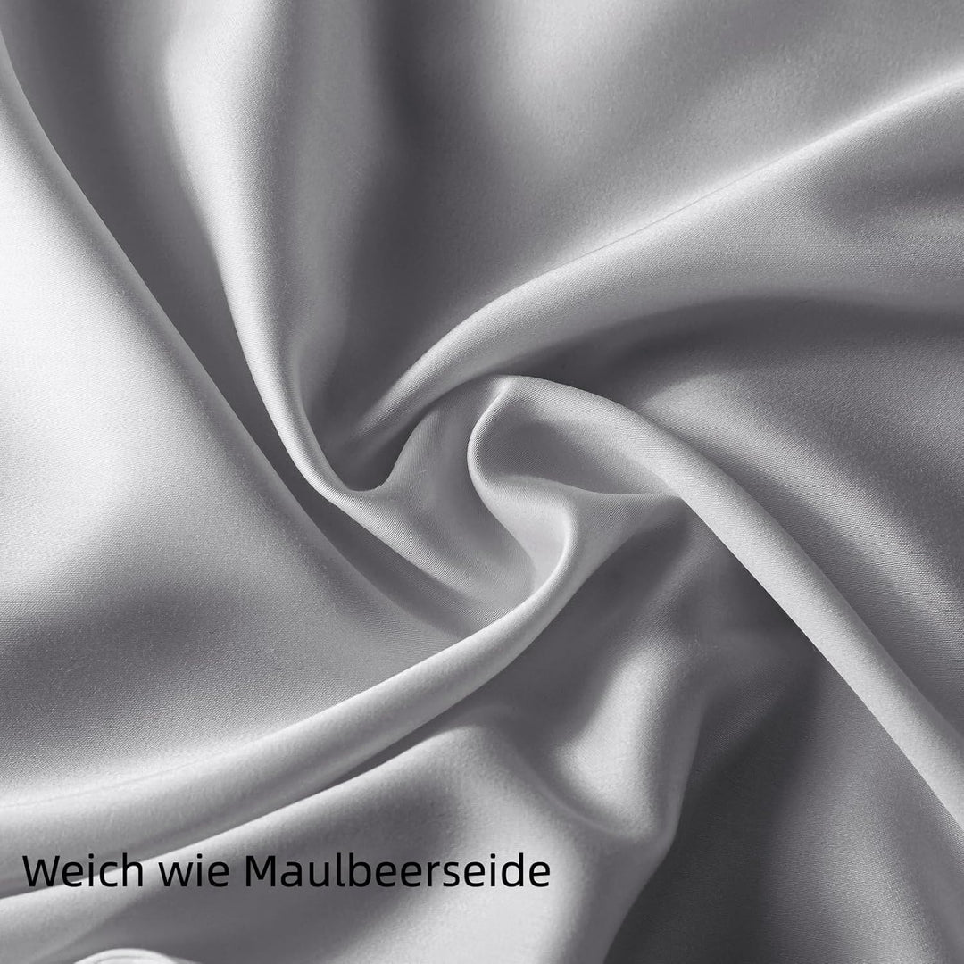 Bettwäsche 200x200, 3 Teilig, Grau, Bambus - Vegane Seide, Luxus Bettbezug und Kissenbezüge Set, Küh