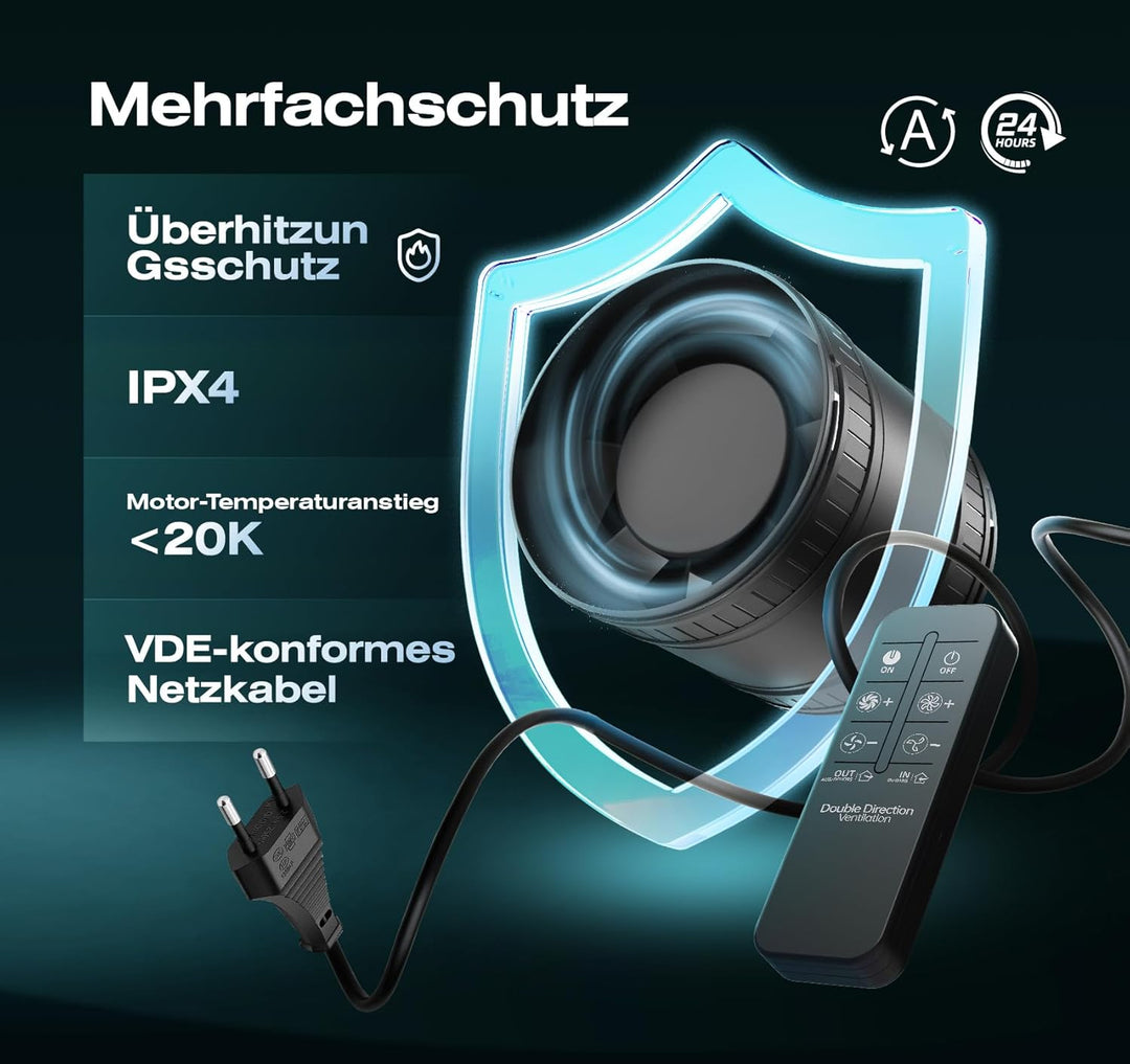 Bidirektionaler Rohrventilator 100mm mit 6 Stufen, Fernbedienung – Leistungsstarker Leise Rohrlüfter