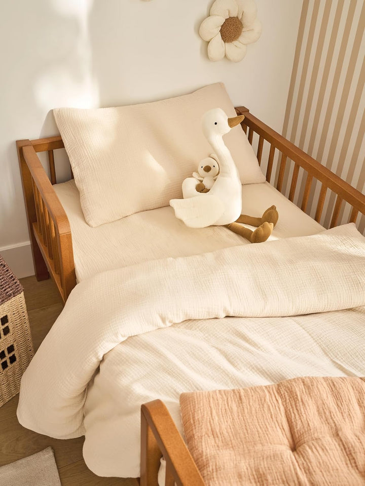 VERTBAUDET Baby-Bettwäsche-Set, Bettbezug und Kissenbezug, einfarbig, aus Bio-Baumwollgaze, Vanille,