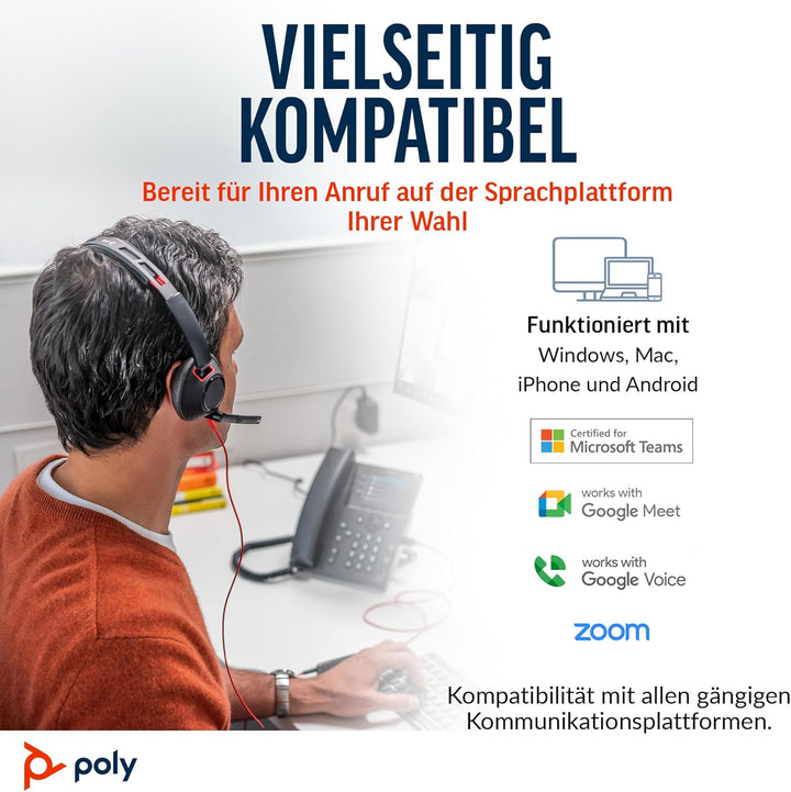 Schnurgebundenes Headset Poly Blackwire 5210 (Plantronics) Flexibler Mikrofonarm mit Noise Cancellin