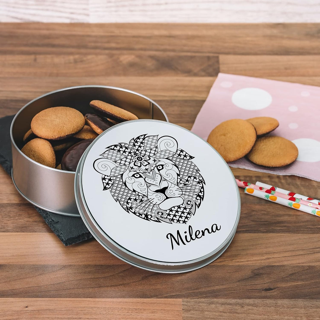 Metalldose Löwe personalisiert, rund mit Deckel, Zentangle Löwe Rund, Löwe Rund
