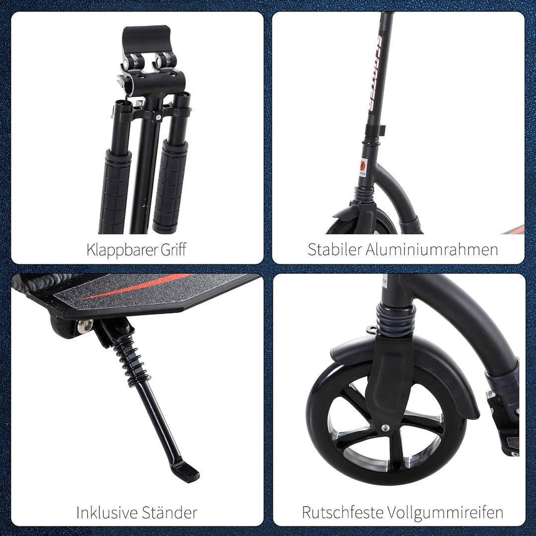 HOMCOM Kinderscooter, Kickscooter mit Stossdämpfung, Tretroller, Klappbar und Höheverstellbar, ab 14