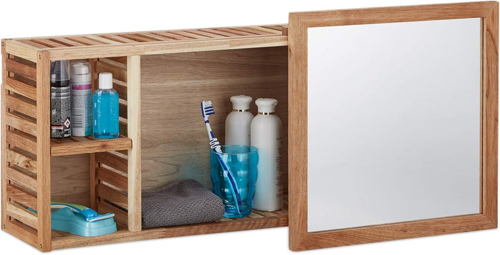 Relaxdays Wandregal mit Spiegel, Walnuss, verschiebbarer Spiegel, geöltes Holz, 80 cm breit, besonde