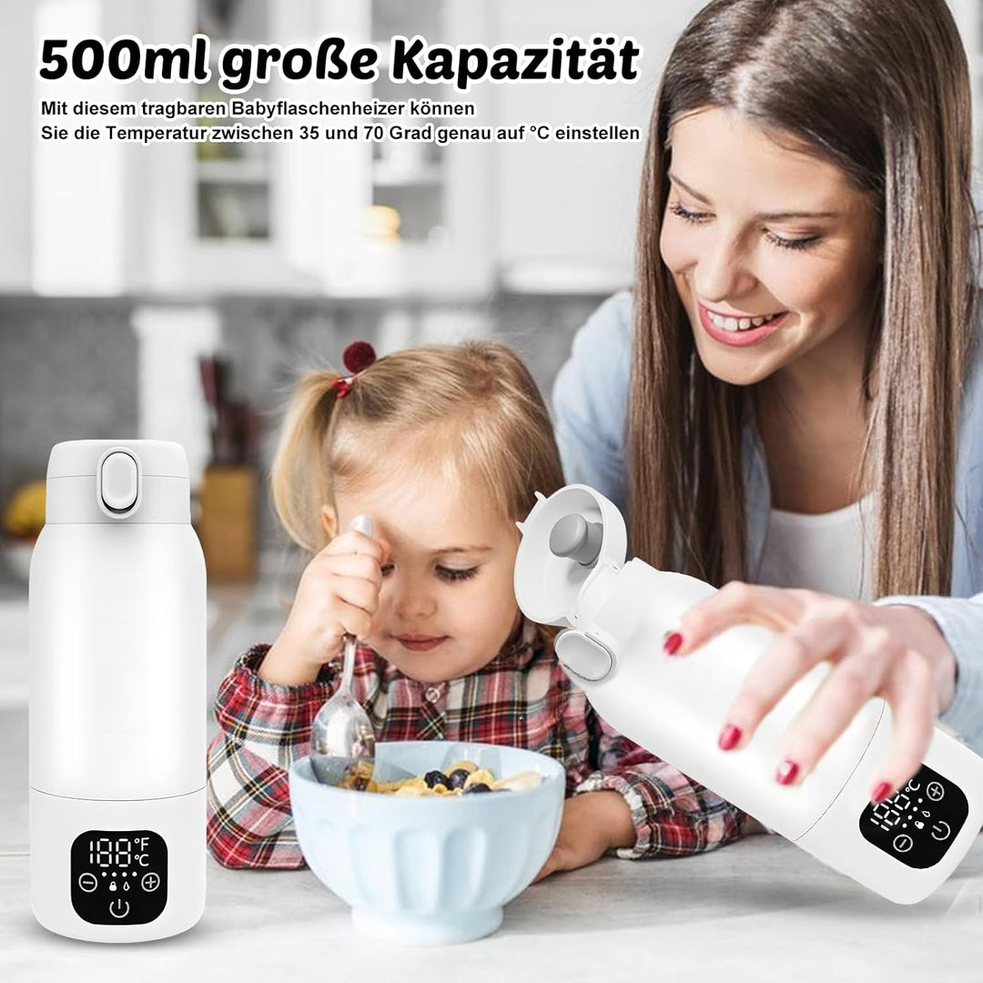 Tragbarer Flaschenwärmer Baby Unterwegs, Akku Thermoskanne 500ml, 35-70 °C Einstellbar, Mobiler Milc