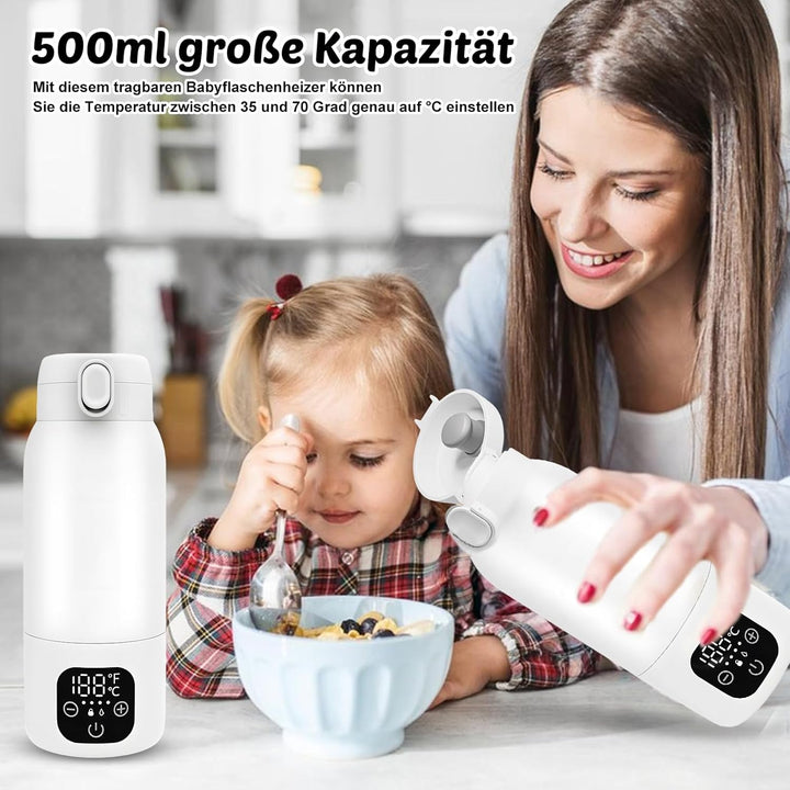 Tragbarer Flaschenwärmer Baby Unterwegs, Akku Thermoskanne 500ml, 35-70 °C Einstellbar, Mobiler Milc