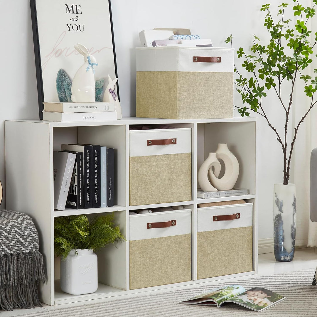 Bagnizer Faltbare Aufbewahrungsbox aus Stoff mit 2 PU-Griffe, 4er Set Beige &amp; Weiss M-33x33x33CM, Be