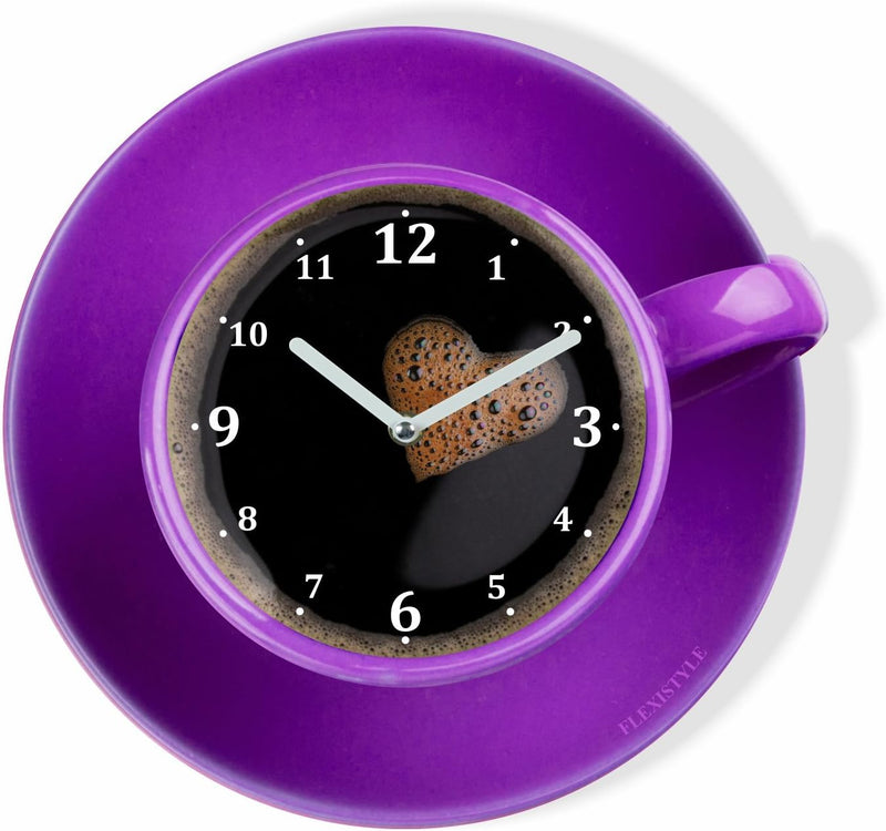 FLEXISTYLE Moderne Küchen Wanduhr Tasse Perfetta, Violett, Acrylglas, UV-Druck, Made in EU, Violett