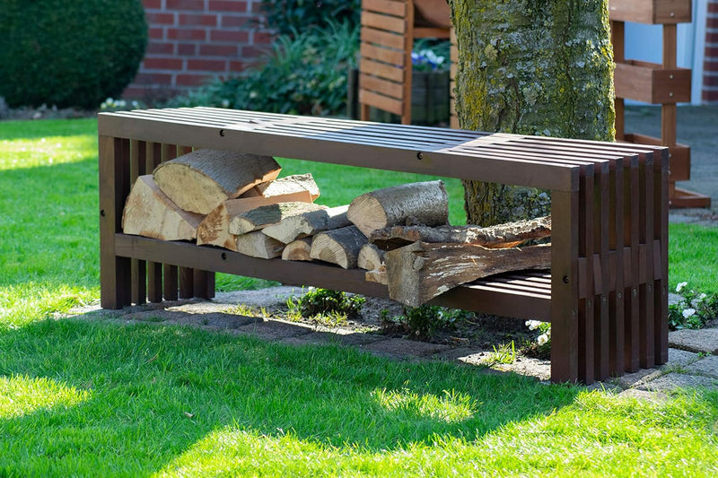 dobar Gartenbank Svensson mit Stauraum für Feuerholz Kaminholz-Regal, wetterfest lasierte Sitzbank,