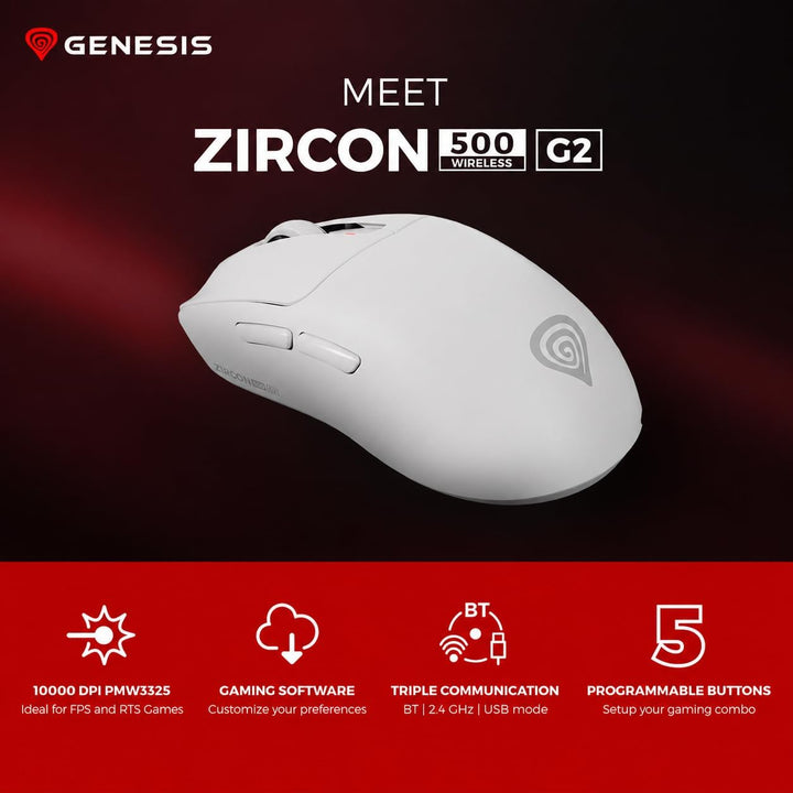 Genesis Zircon 500 G2 Wireless Gaming Maus – 10.000 DPI Pixart PMW3325, 2,4 GHz/BT 5.0/USB-C, 52 g U