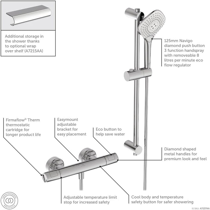 Ideal Standard A7237AA Mischbatterie für Dusche, Chrome, Ceratherm T100 Mixer Shower with kit Cerath