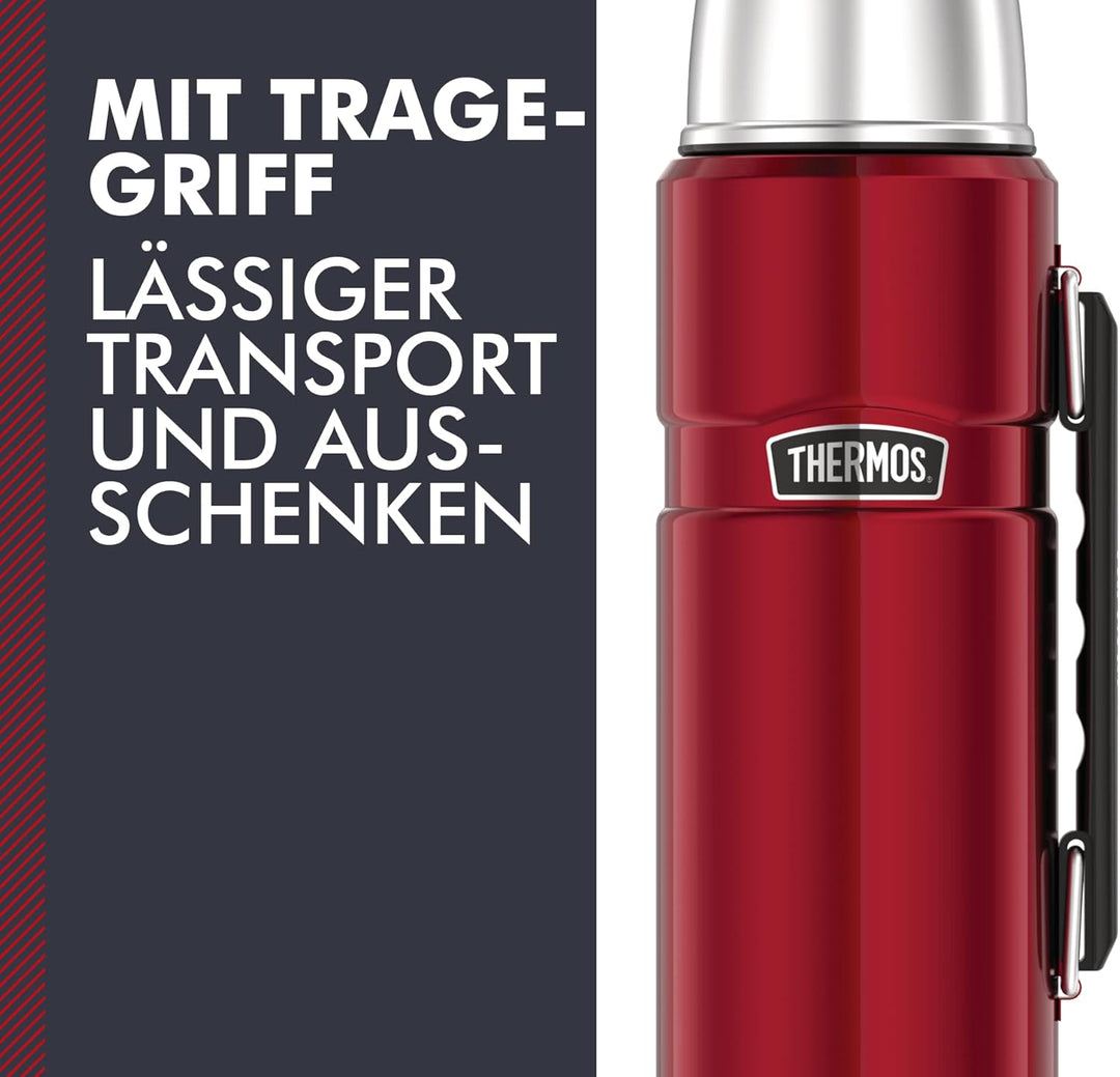 Thermos Stainless King Thermosflasche rot 1,20l - Edelstahl, absolut dicht, mit Trinkbecher und Grif