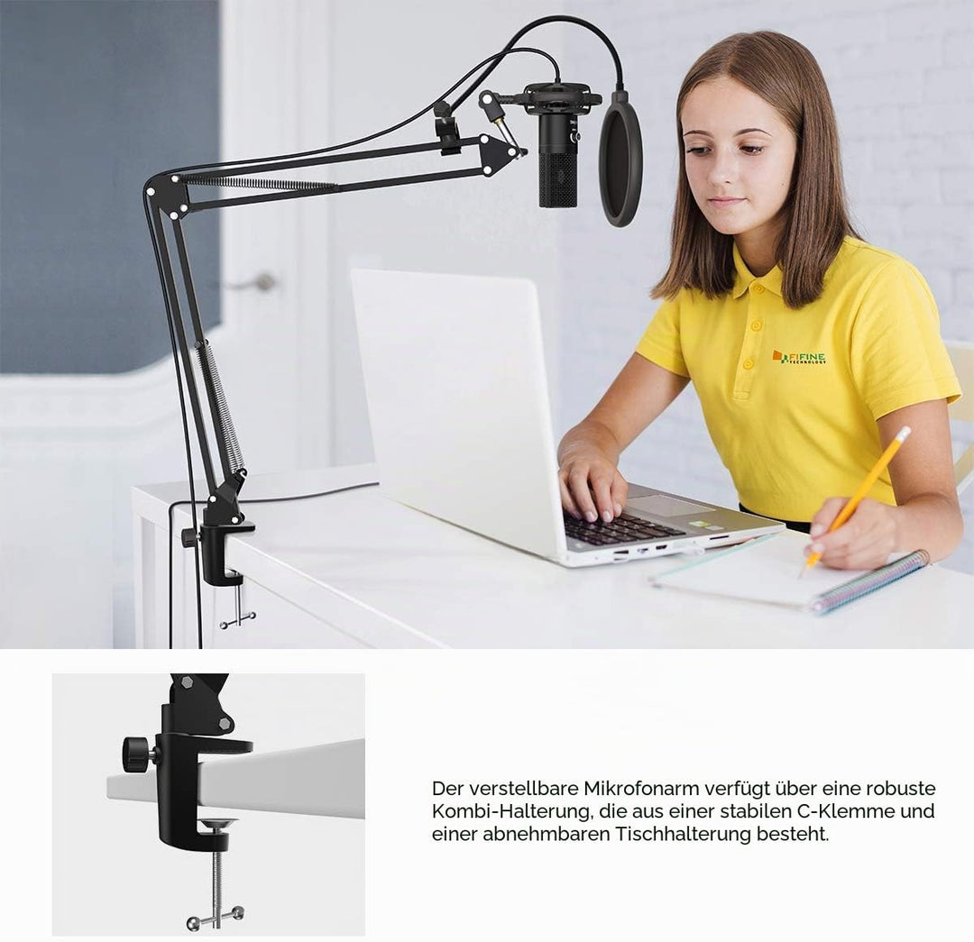 FIFINE Streaming Mikrofon PC mit Arm, USB Mikrofon PS4 PS5 MAC, Popfilter, Shock Mount, für Gaming P
