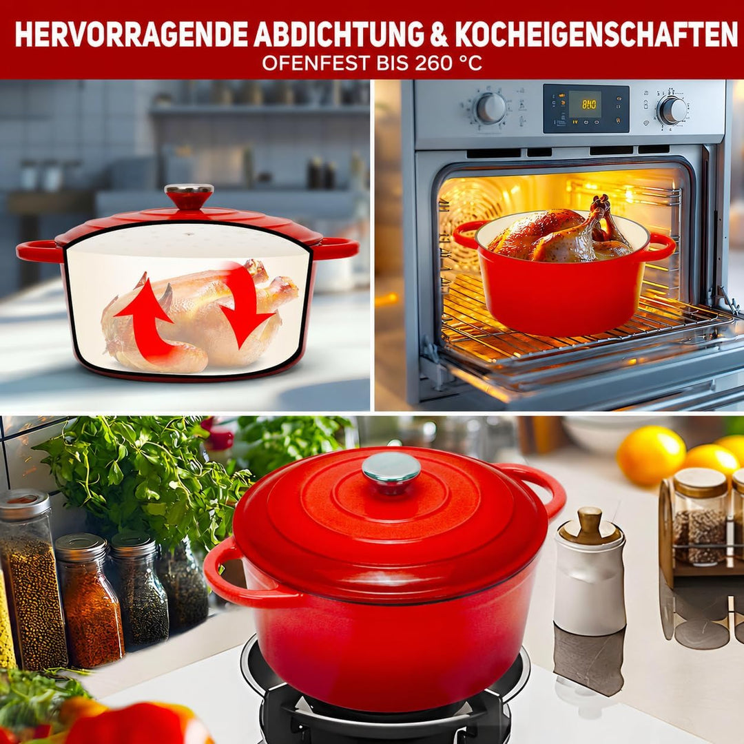 Gusseisen Topf 5L Ø 26cm - Emaillierter Schmortopf mit Deckel, Gusseisen Bräter für Brot backen &amp; Br